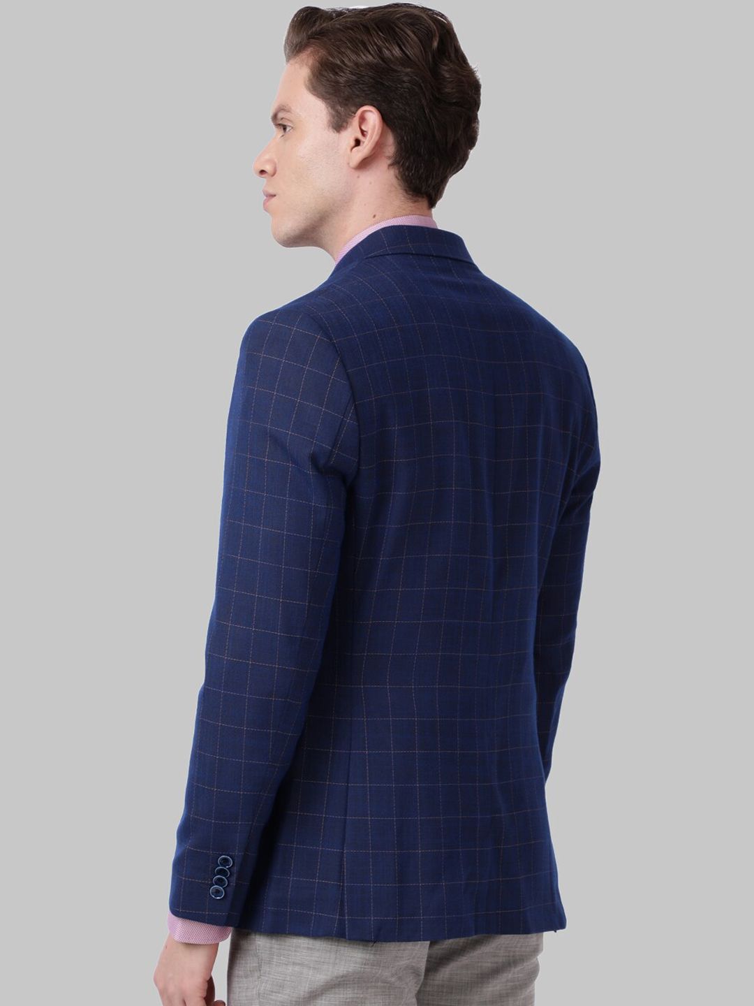 Park Avenue Men Navy Blue Checked Super Slim-Fit Single-Breasted Formal Blazer