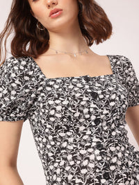 DressBerry Feisty Fashionista Square Neck Monochrome Printed Mini Dress