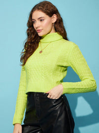 STREET 9 Green Cable Knit Self Design Turtle Neck Acrylic Crop Pullover Sweater