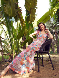 STREET 9 Floral Printed Georgette Flutter Sleeves Maxi Dress