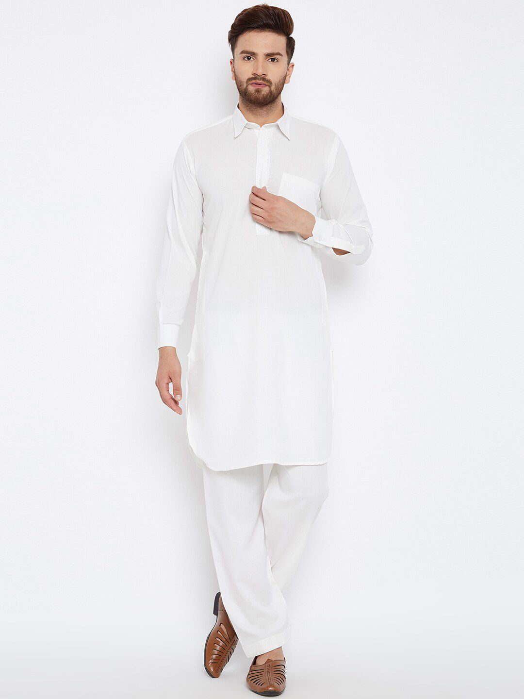 SOJANYA Shirt Collar Curved Hem Pathani Kurta with Salwar