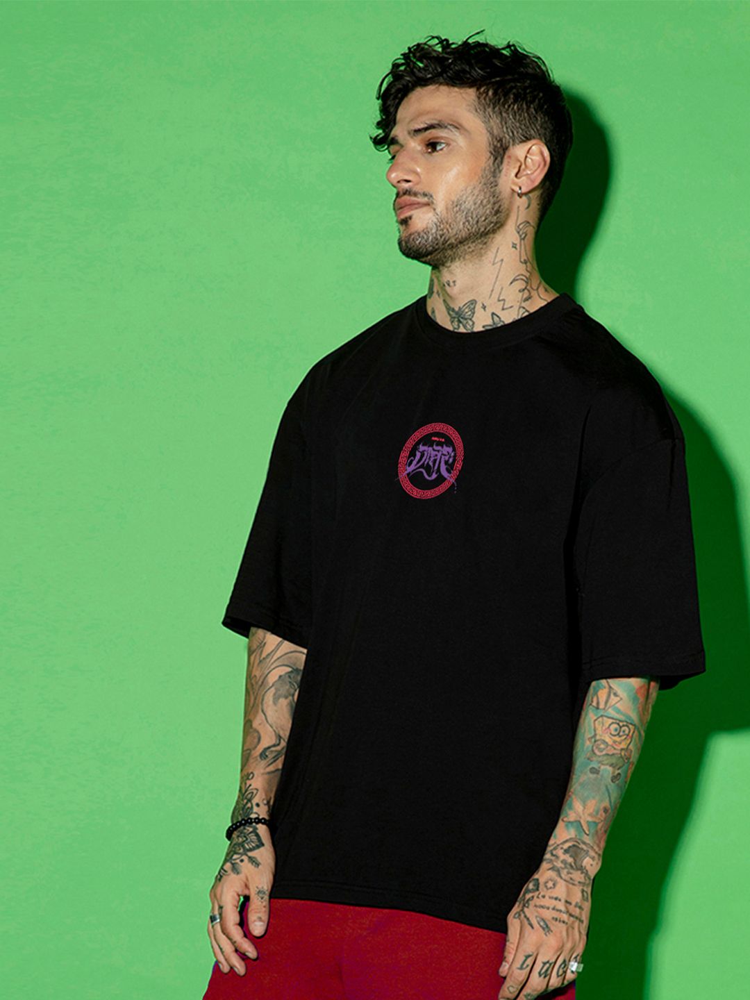 Bewakoof Ashura Graphic Printed Drop-Shoulder Sleeves Oversized Acid Wash Pure Cotton T-shirt