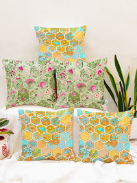 STITCHNEST Green & Yellow Set of 5 Ethnic Motifs Square Cushion Covers