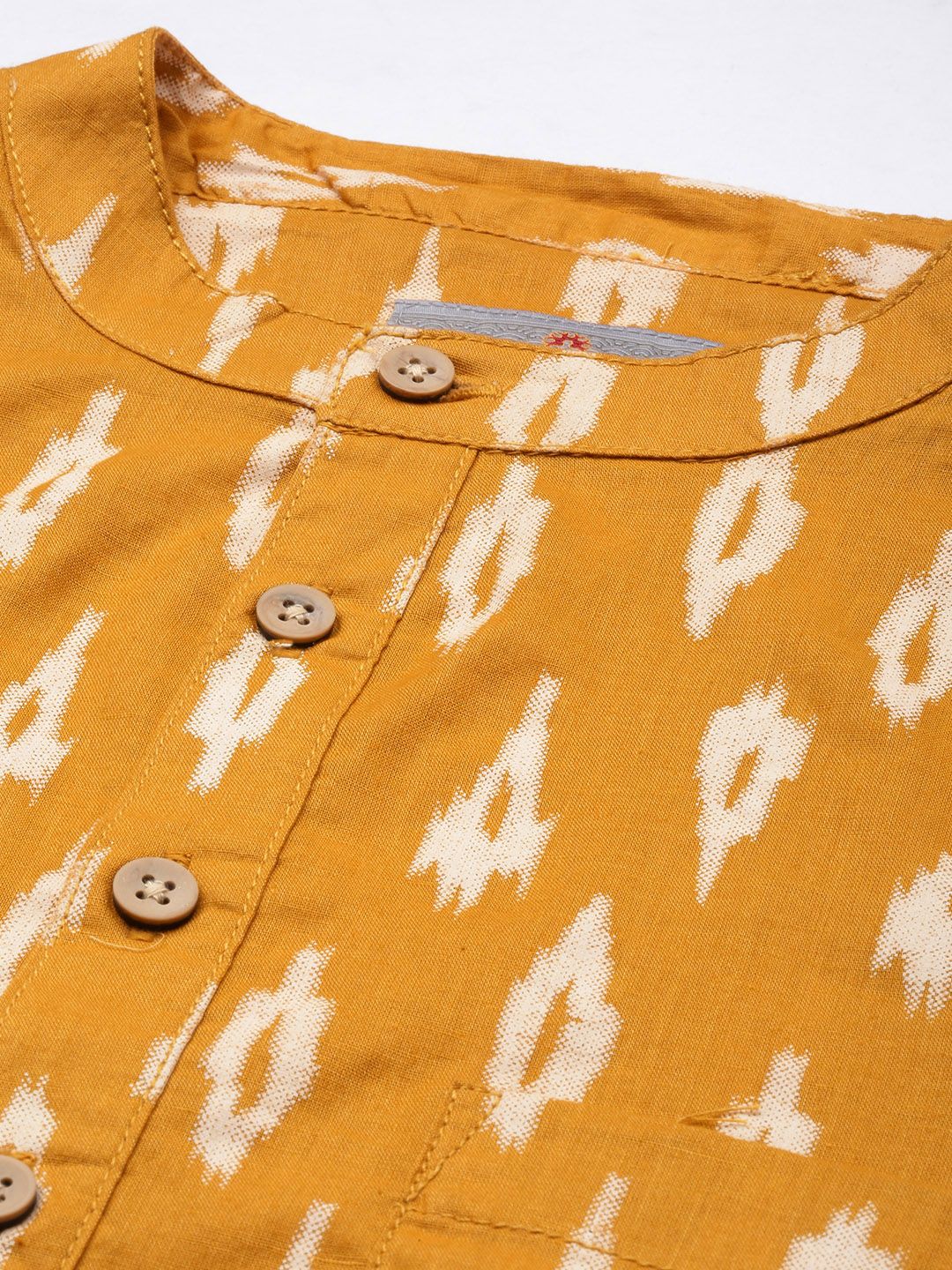 Anouk Men Mustard Yellow & White Printed Roll-Up Sleeves Pure Cotton Short Kurta