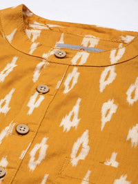 Anouk Men Mustard Yellow & White Printed Roll-Up Sleeves Pure Cotton Short Kurta