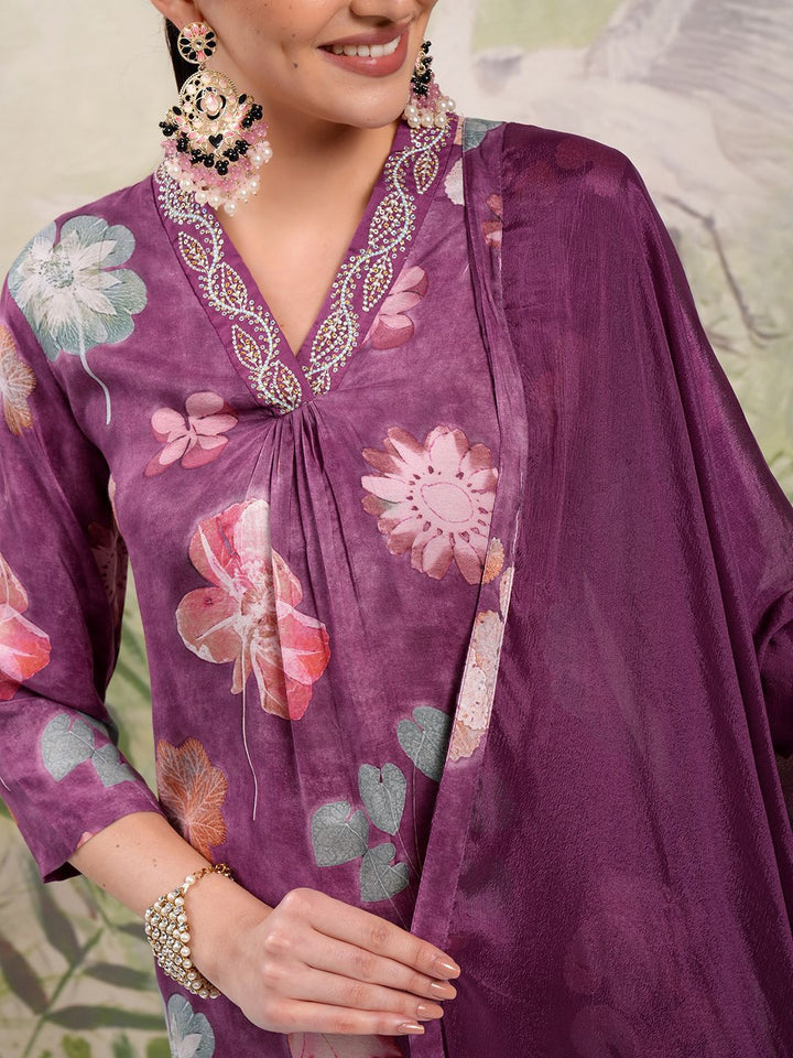 Vishudh Burgundy Floral Printed Beads & Stones Straight Kurta With Trousers & Dupatta