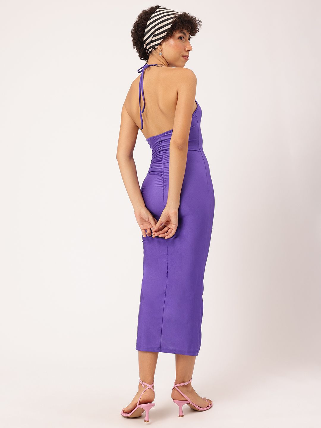 DressBerry Link-Up Halter Ruched Slit Sheath Midi Dress