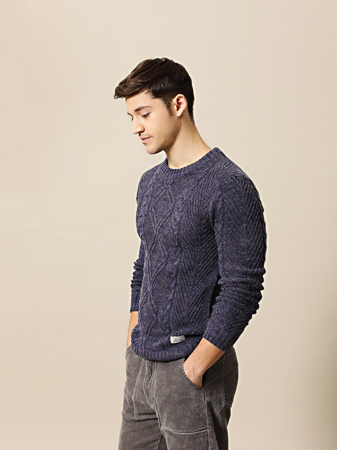 Mr Bowerbird Men Navy Blue Self Design Pullover Sweater