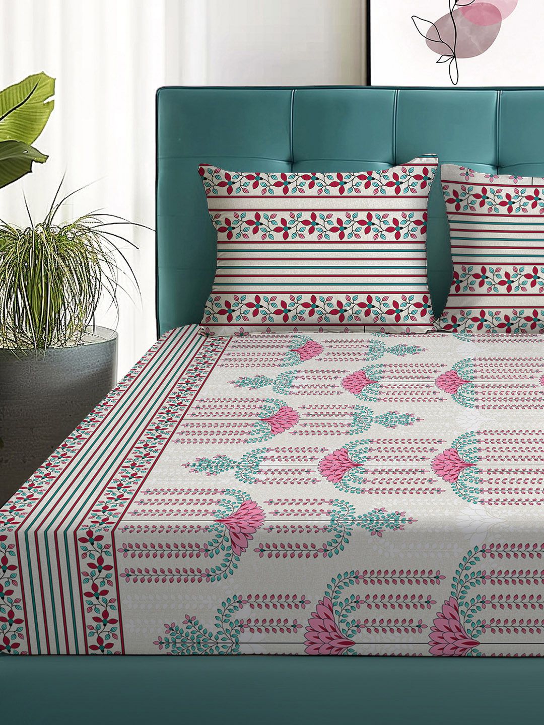 Story@home Arena Grey & Pink Floral Printed 180 TC Queen Bedsheet & 2 Pillow Covers