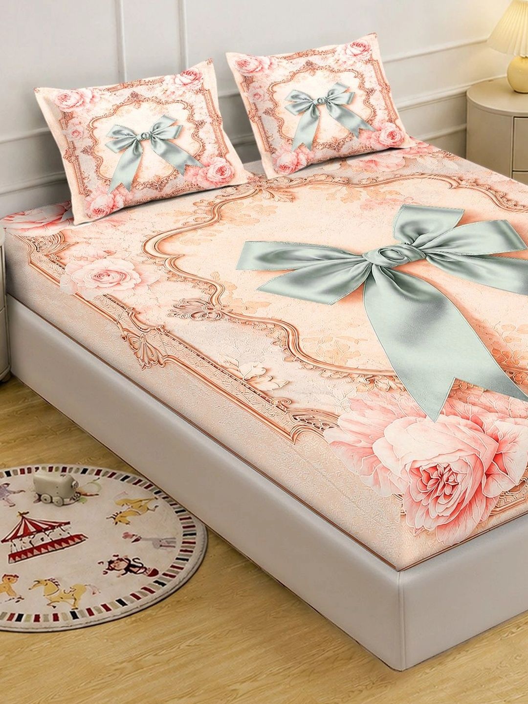 Myntra Elegant Homes Warna Peach Bunga 400 TC Cadar King dengan 2 Sarung Bantal