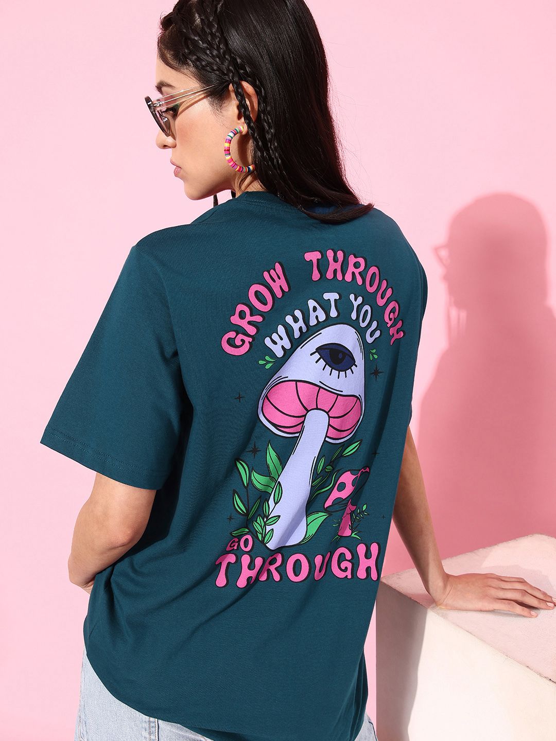 DILLINGER Blue & Pink Printed Oversized Pure Cotton Longline T-shirt