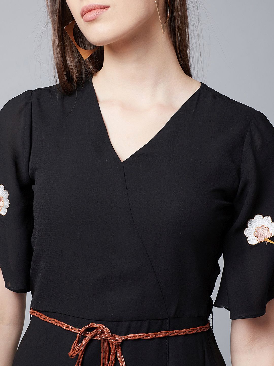 Athena Women Black Embroidered Wrap Dress