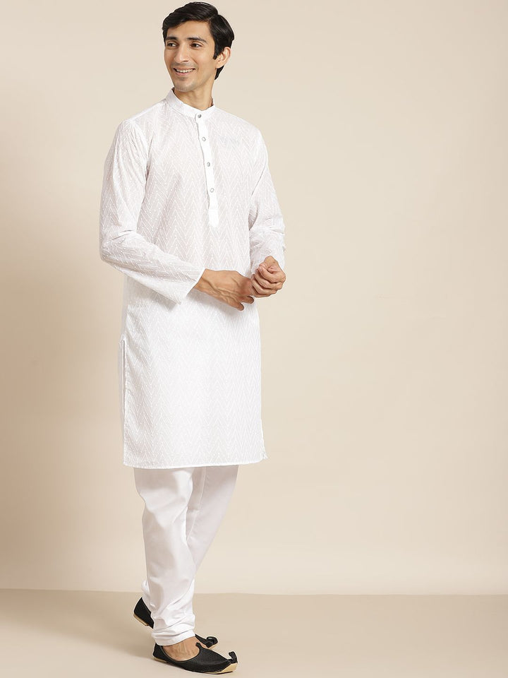 SOJANYA Men White Chikankari Pure Cotton Kurta with Churidar & Nehru Jacket