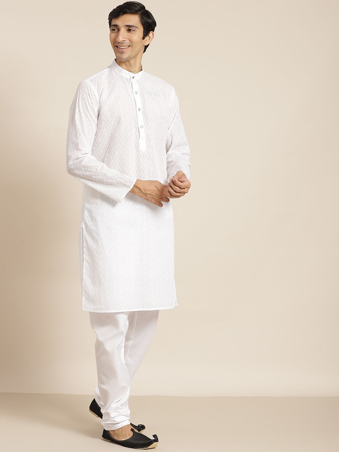 SOJANYA Men White Chikankari Pure Cotton Kurta with Churidar & Nehru Jacket