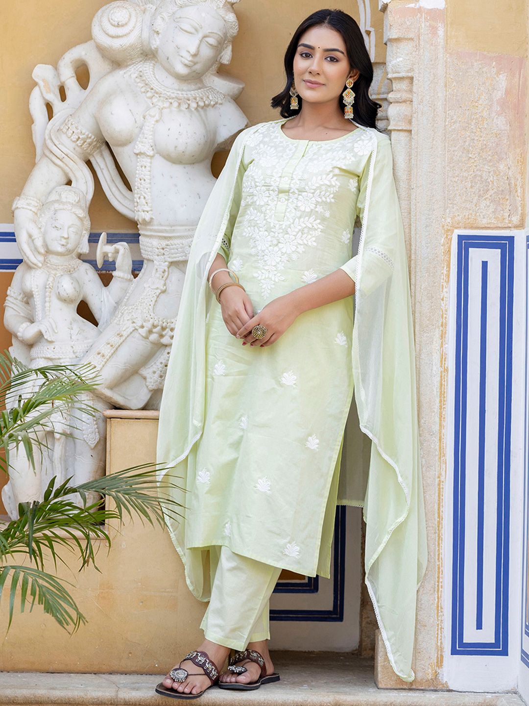 KALINI Floral Embroidered Thread Work Pure Cotton Straight Kurta With Trousers & Dupatta