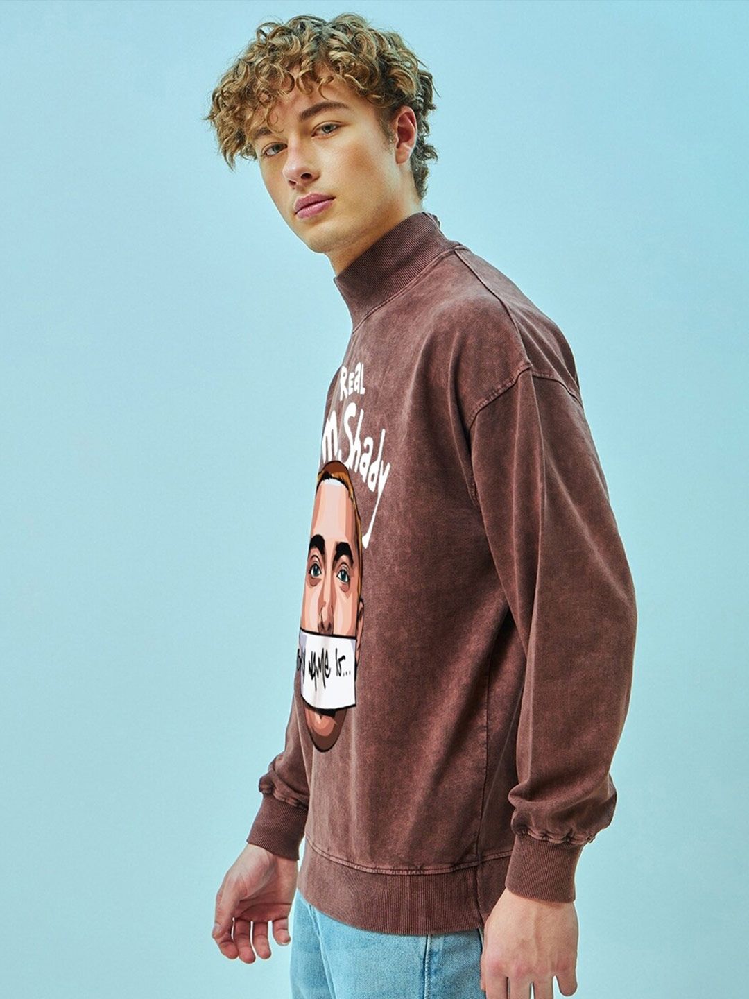 Bewakoof Maroon Real Slim Shady Printed Mock Collar Oversized Pullover Sweatshirt