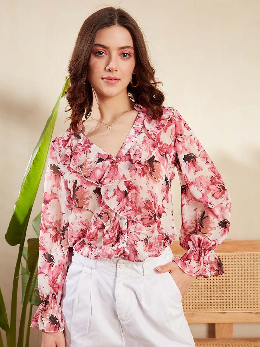Berrylush Pretty Pink Floral Feminine Frills Top