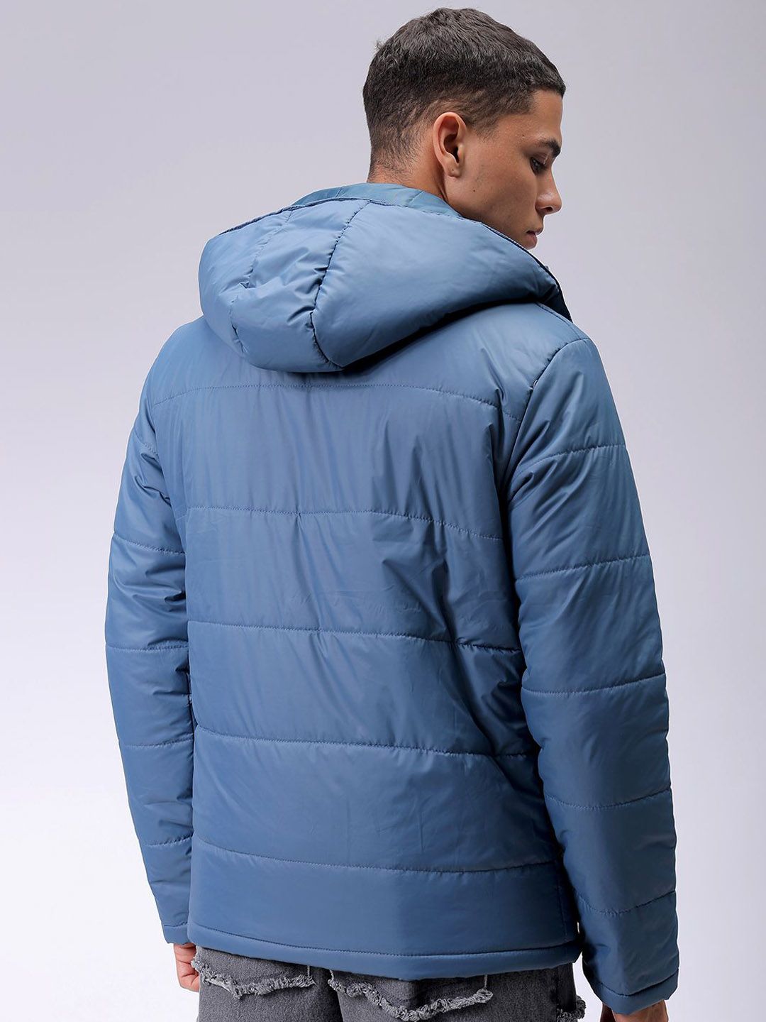 The Indian Garage Co Men Blue Reflective Print Detachable Hood Padded Jacket