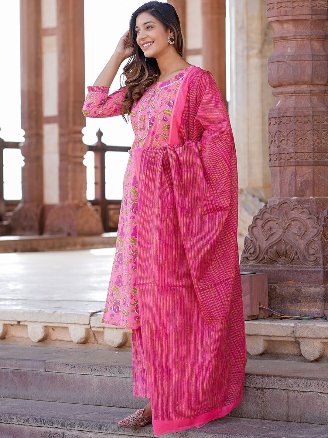 KALINI Floral Printed Pure Cotton Kurta with Trousers & With Dupatta