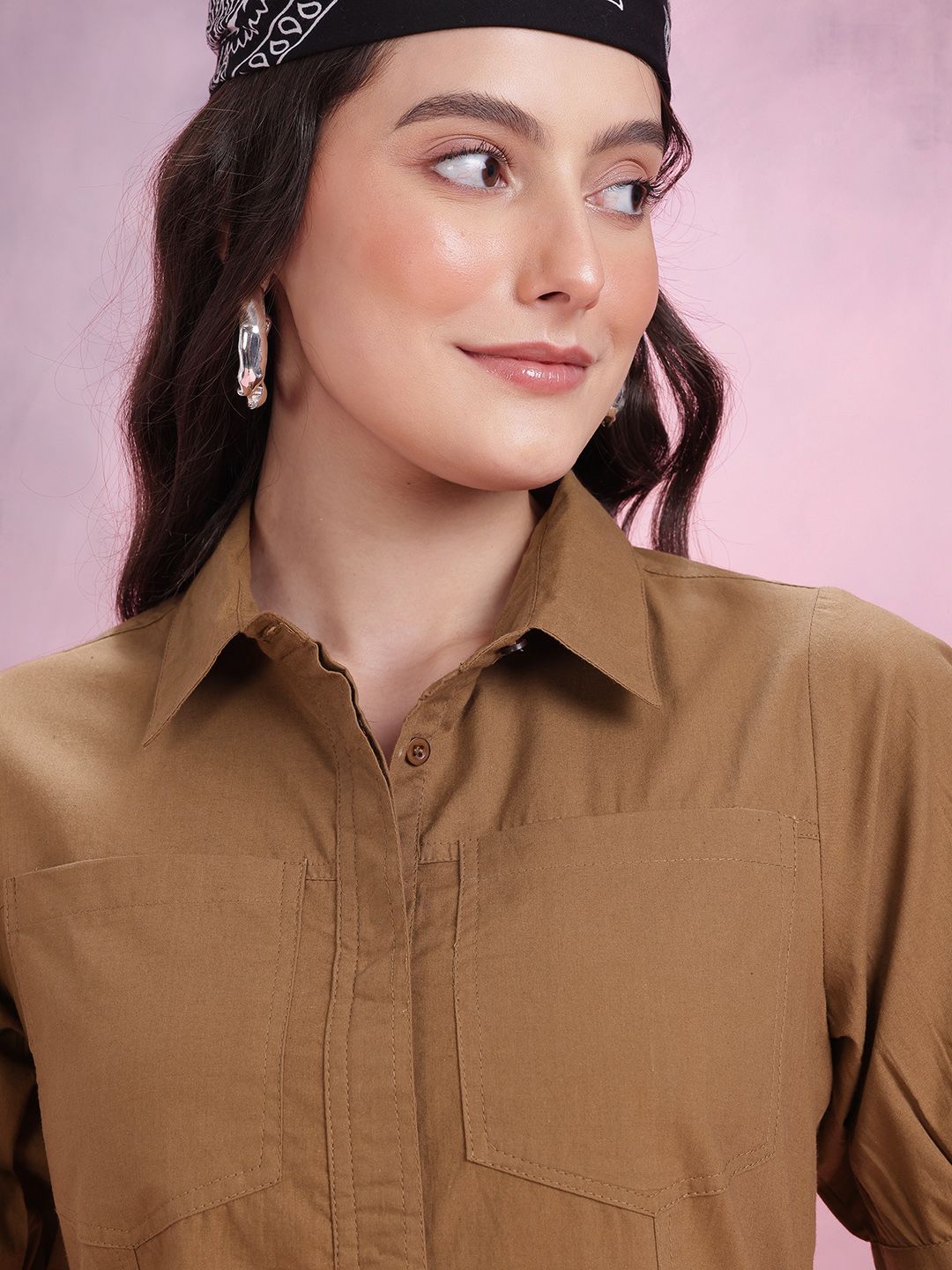 DressBerry Pure Cotton Puff Sleeves Mini Shirt Dress