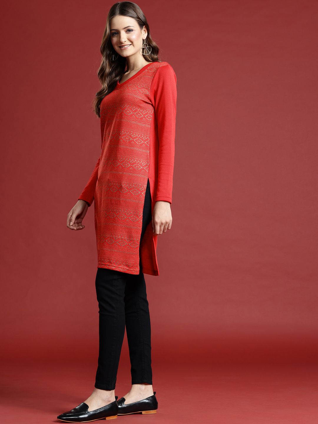 Anouk Geometric Woven Design Winter Kurta