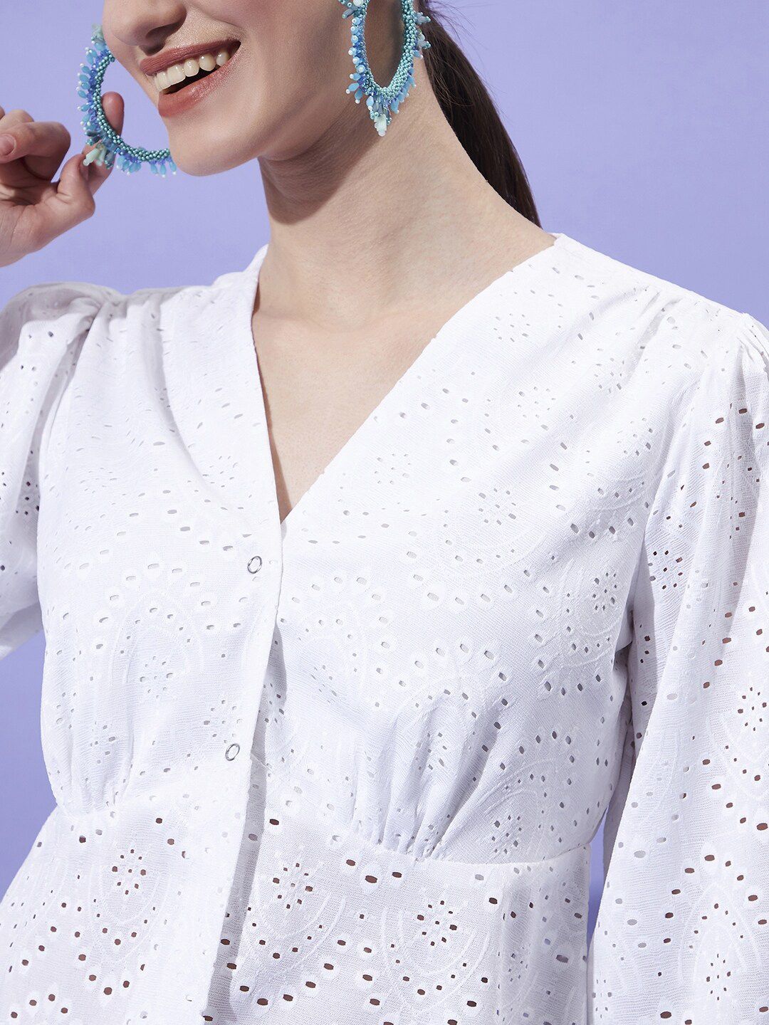 Athena V-Neck Puff Sleeves Schiffli Empire Top