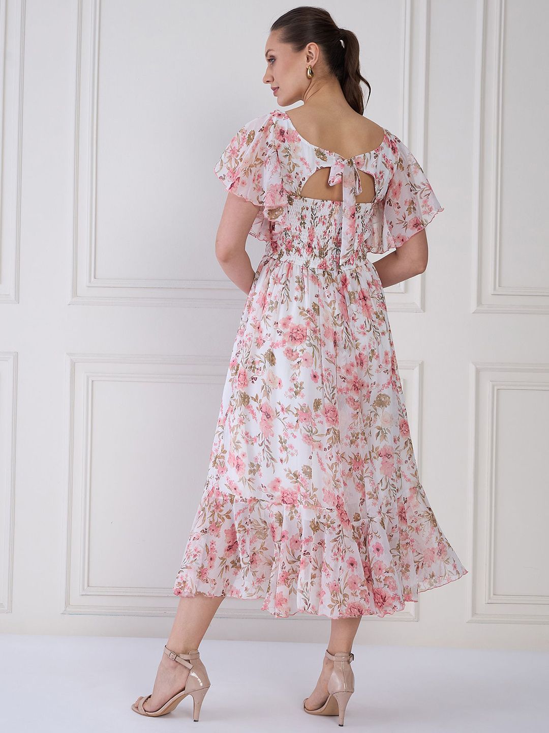 Antheaa Women Floral Print Flared Sleeve Layered Fit & Flare Midi Dress