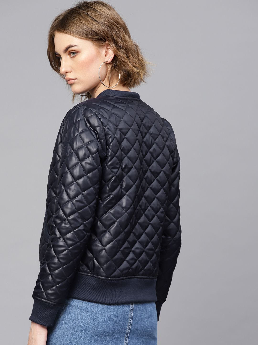 SASSAFRAS Women Navy Blue Solid Quilted Jacket