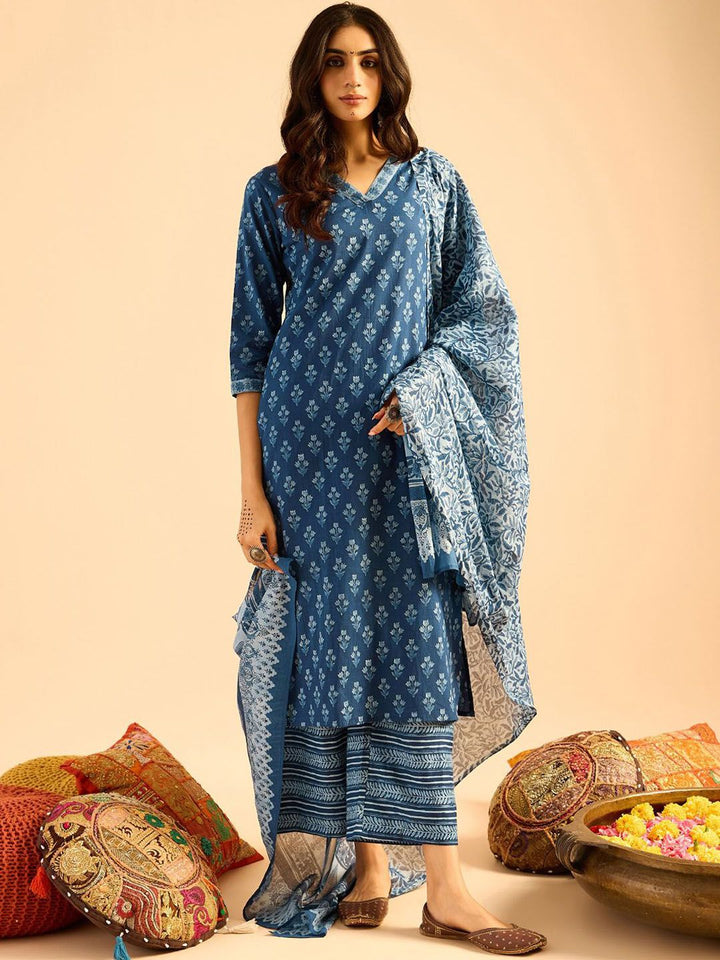 Indo Era Blue Floral Printed V-Neck Pure Cotton Straight Kurta with Palazzo & Dupatta