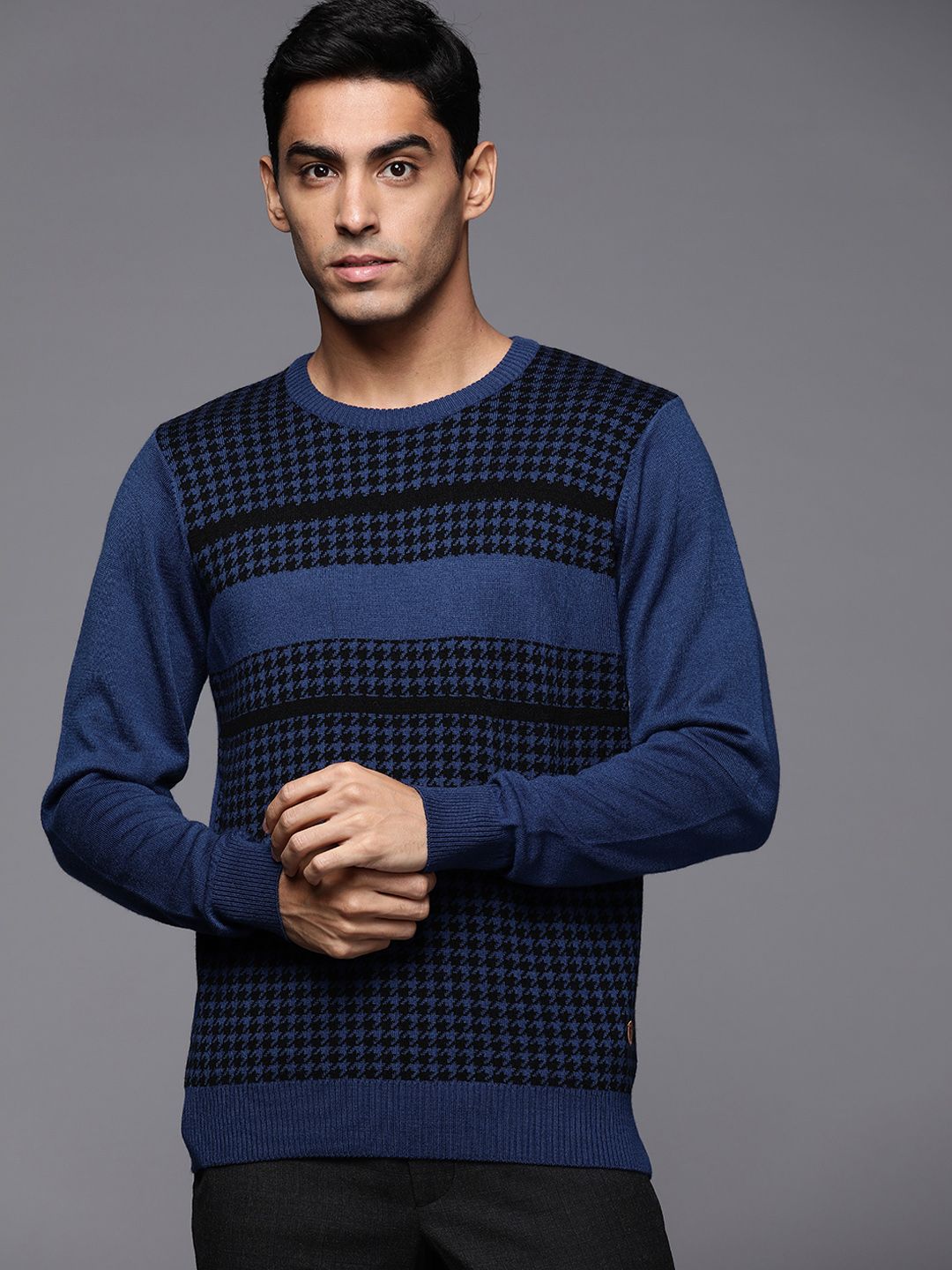 Raymond Men Blue & Black Houndstooth Sweater