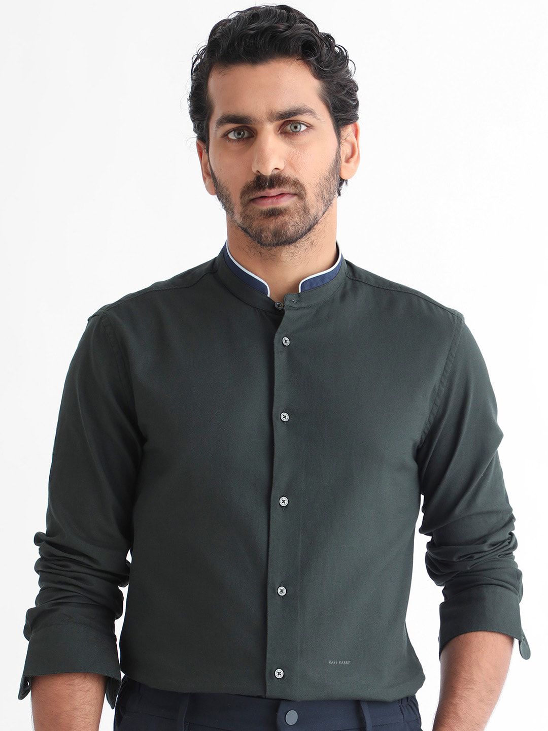 RARE RABBIT Men Tehran Band Collar Slim Fit Shirt