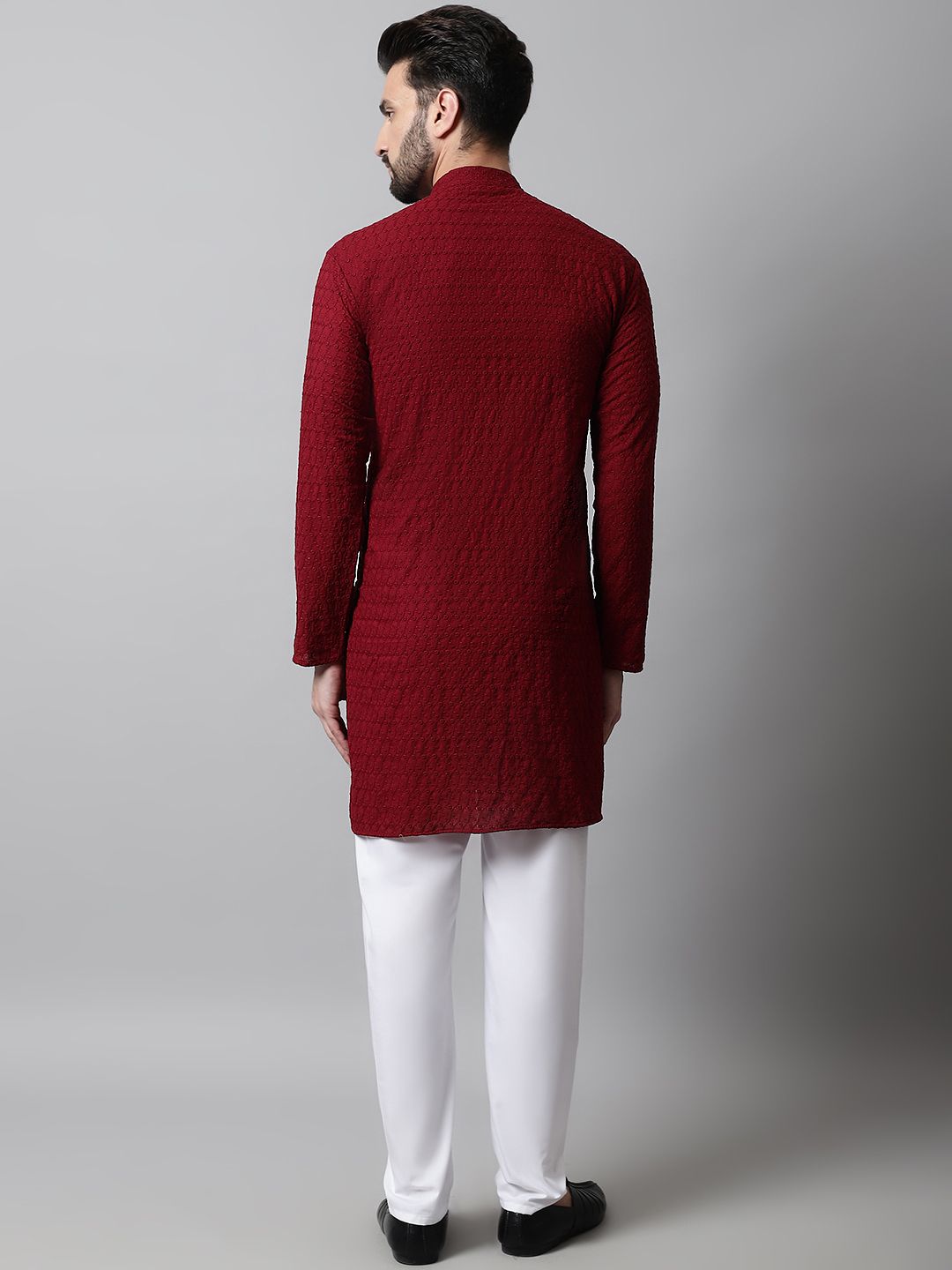 Jompers Men Maroon Embroidered Chikankari Pure Cotton Kurta with Pyjamas