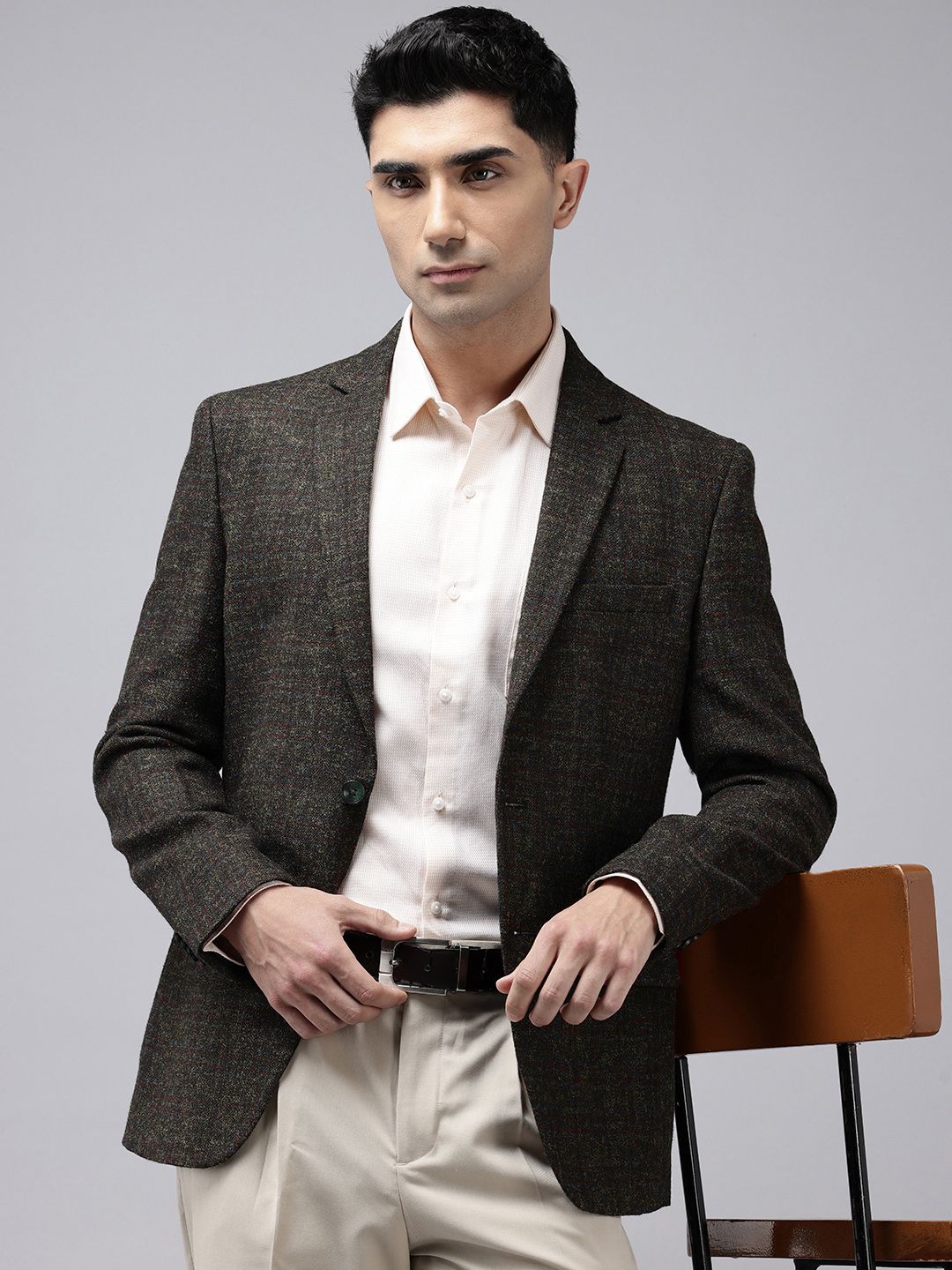 Park Avenue Checked Slim Fit Notched Lapel Single-Breasted Formal Blazer