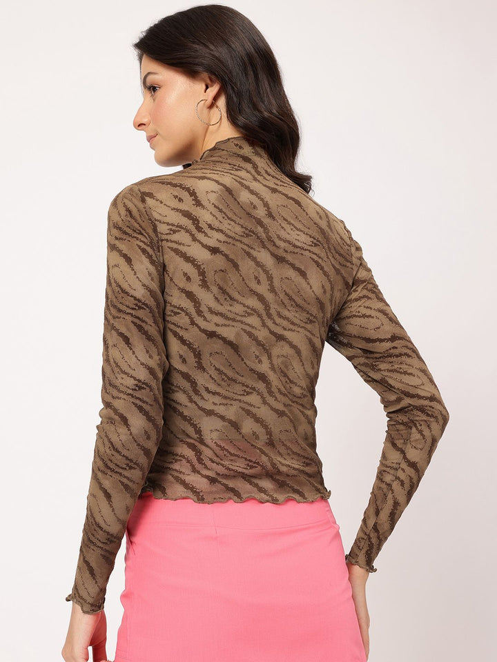DressBerry Retro Rave Animal Textured Jacquard Semi Sheer Top