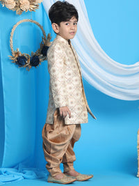 VASTRAMAY Boys Beige & Rose Gold-Coloured Woven Design Sherwani Set