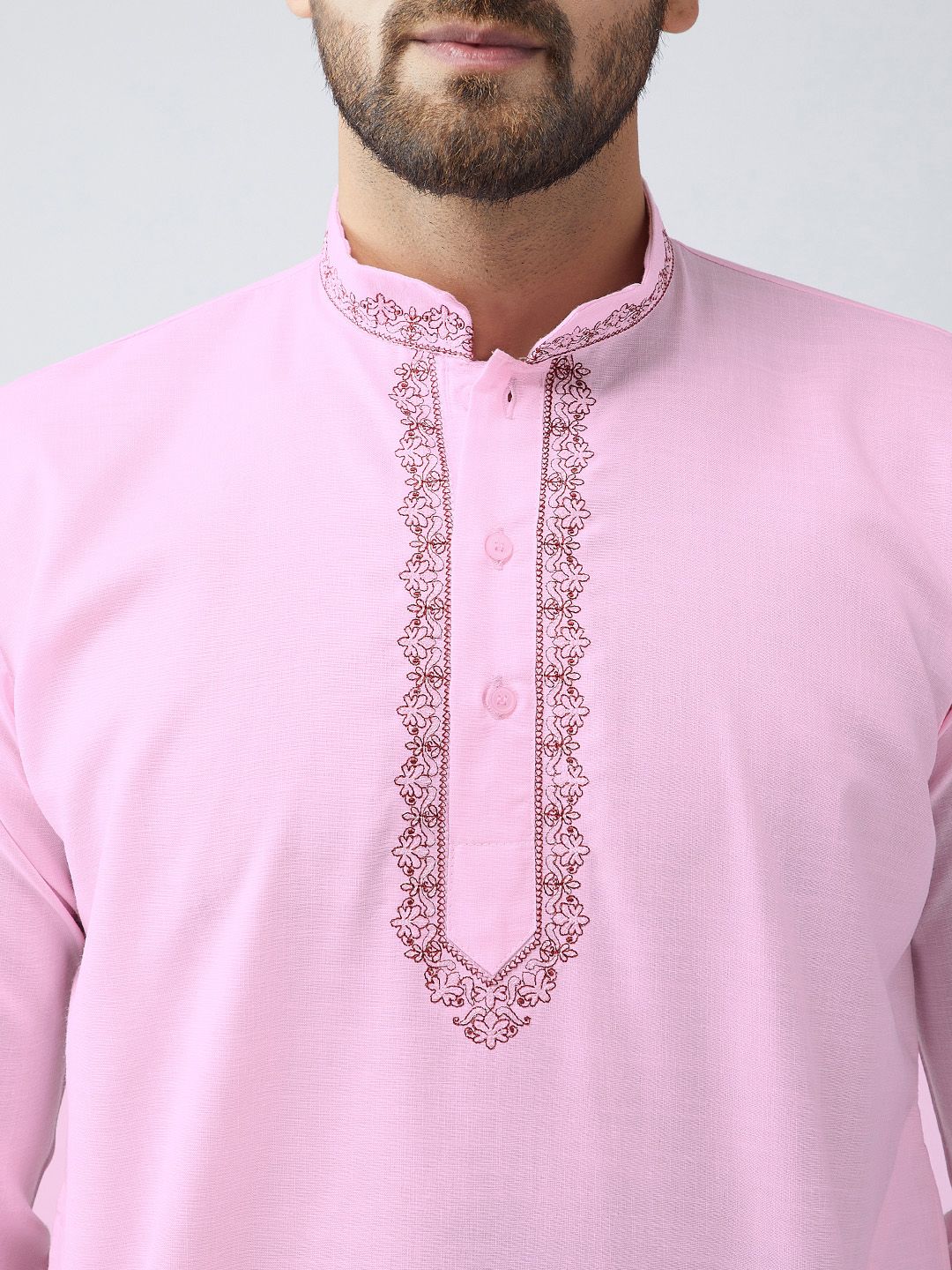 SOJANYA Men Pink Sulam Kurta Pendek
