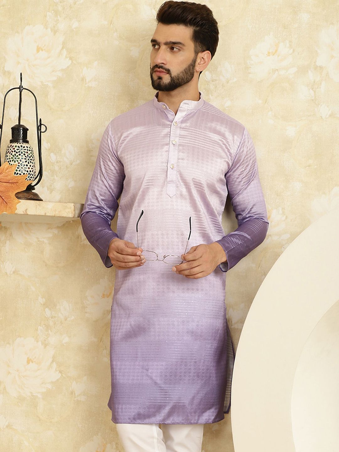 SOJANYA Band Collar Thread Work Ombre Jacquard Kurta