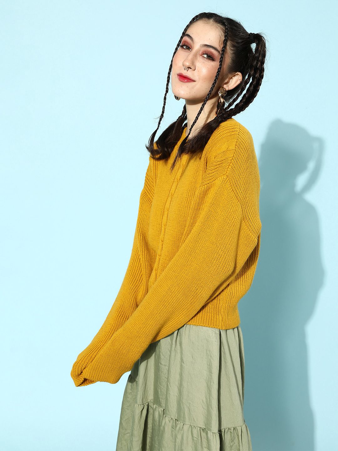 STREET 9 Women Mustard Yellow Acrylic Pullover