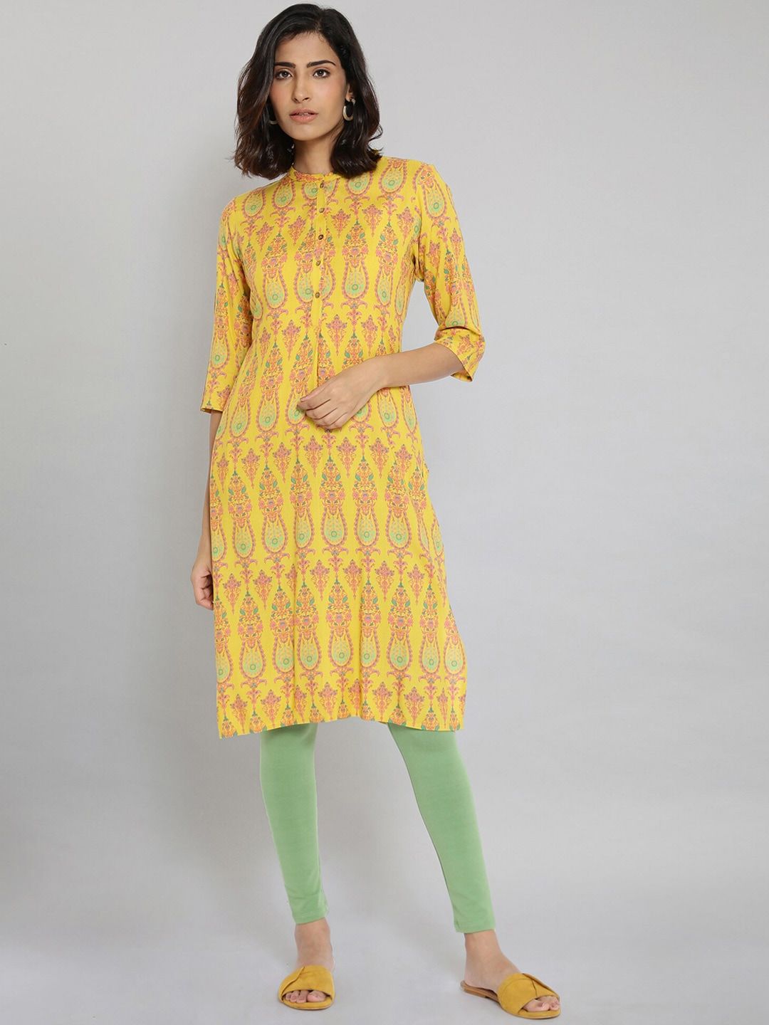 W Women Yellow Thread Work Kurta