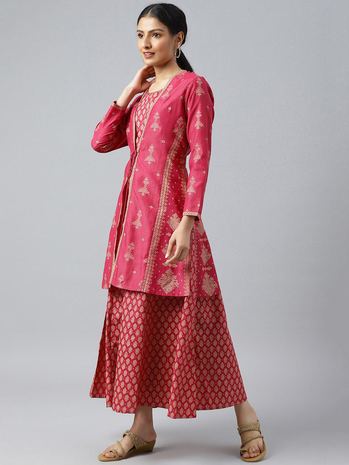 W Pink Ethnic Motifs Chiffon Ethnic Maxi Dress With Tie-Up Waist Coat