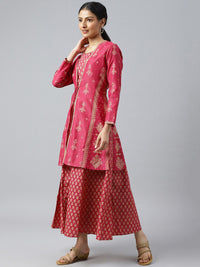 W Pink Ethnic Motifs Chiffon Ethnic Maxi Dress With Tie-Up Waist Coat