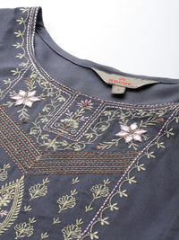 Anouk Ethnic Printed Yoke Embroidered Layered Kurta with Dupatta