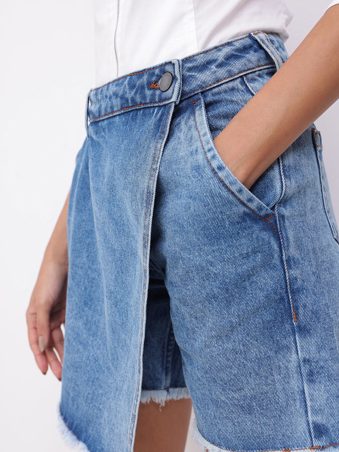 DressBerry Women Classic Wrap Twist Faded Pure Cotton Denim Skorts