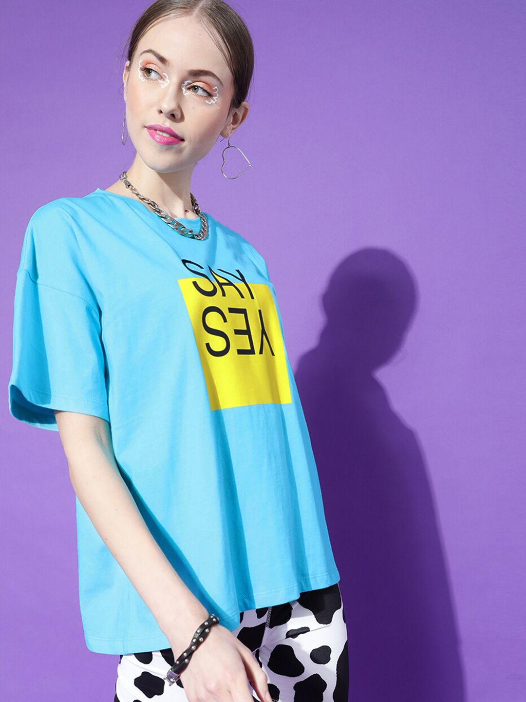 STREET 9 Women Turquoise Blue Printed Drop-Shoulder Pure Cotton T-shirt