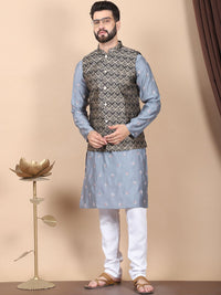 Anouk Grey Floral Embroidered Sequinned Cotton Silk Kurta with Churidar & Nehru Jacket
