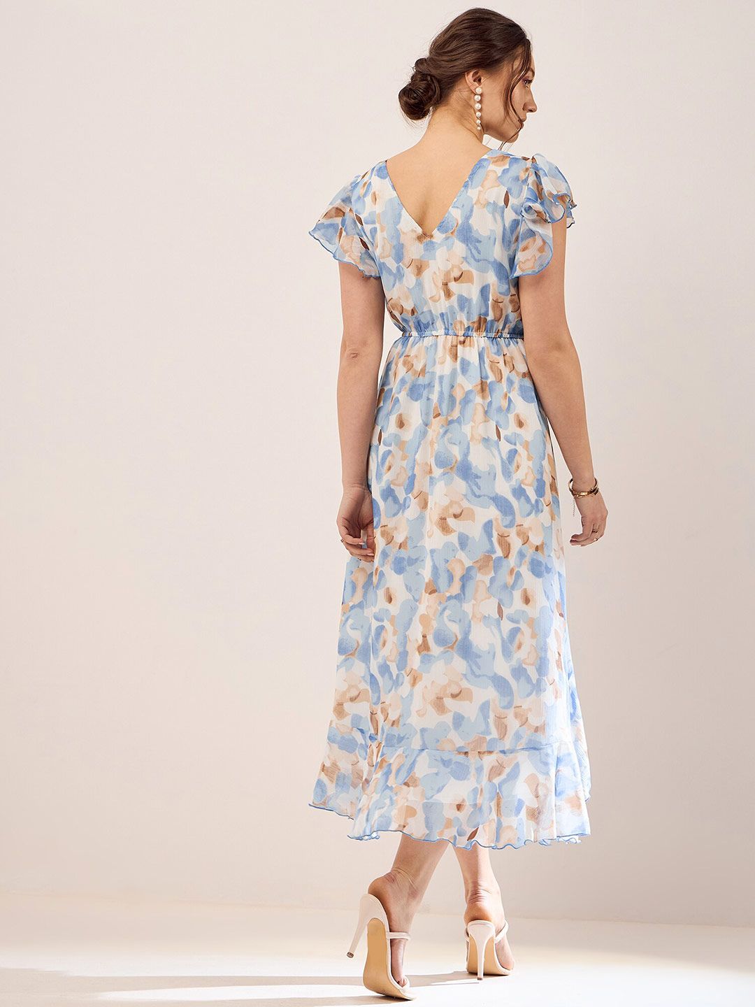 Antheaa Blue Floral Printed Puff Sleeves Gathered Ruffles Chiffon Fit & Flare Midi Dress