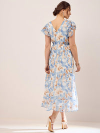 Antheaa Blue Floral Printed Puff Sleeves Gathered Ruffles Chiffon Fit & Flare Midi Dress