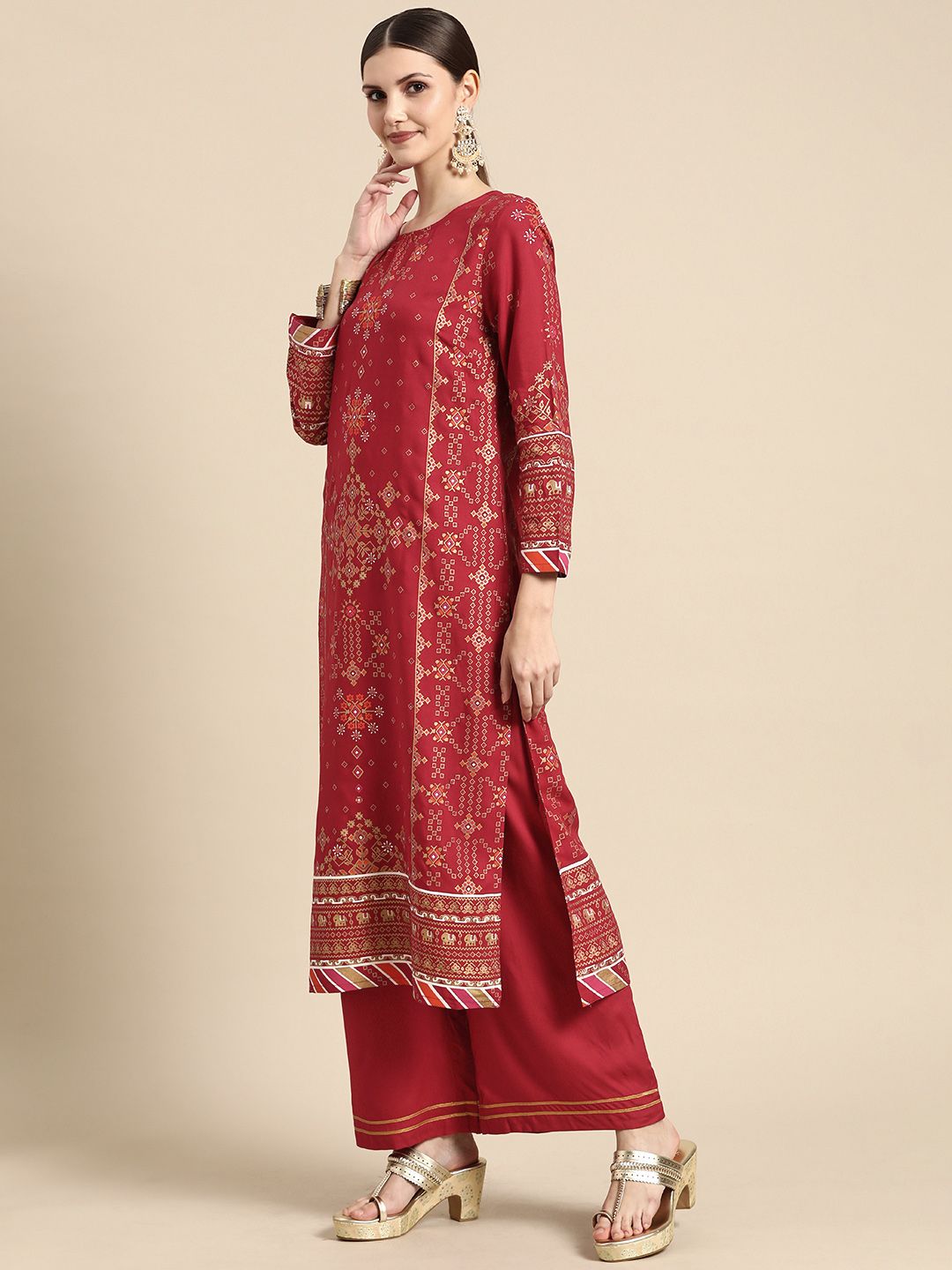 Anouk Women Red & Golden Ethnic Motifs Printed Gotta Patti Kurta with Palazzos