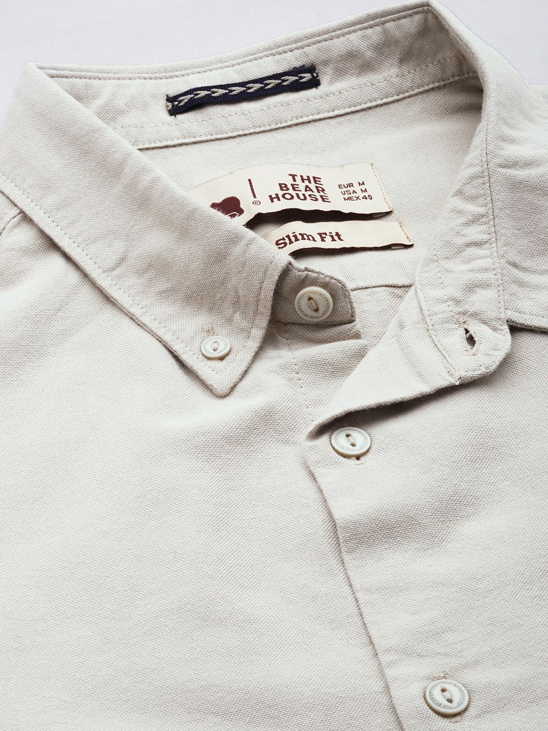 THE BEAR HOUSE Men Beige Solid Slim Fit Cotton Shirt