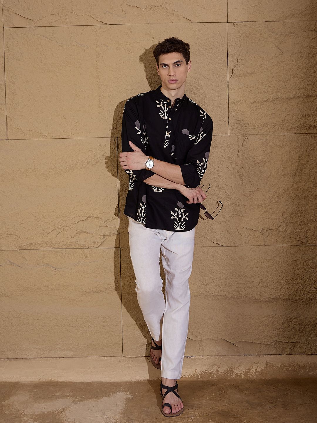 Dennison Floral Printed Cotton Band Collar Lurus Kurta